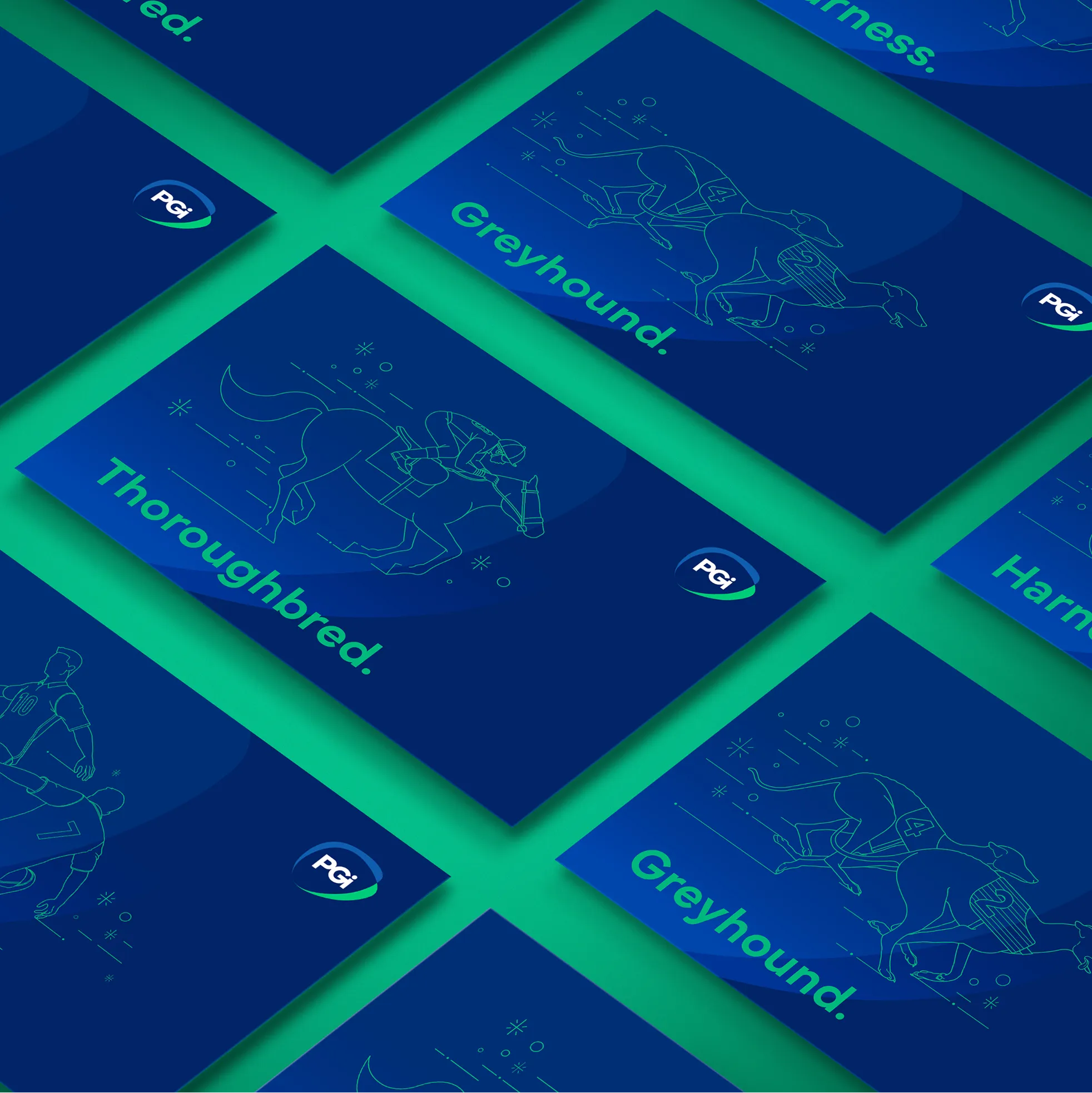 Angled layout of PGi Wagering branded cards designed by DotPerformance, showing thoroughbred, greyhound, and harness racing illustrations with the PGi logo on a navy and green colour scheme